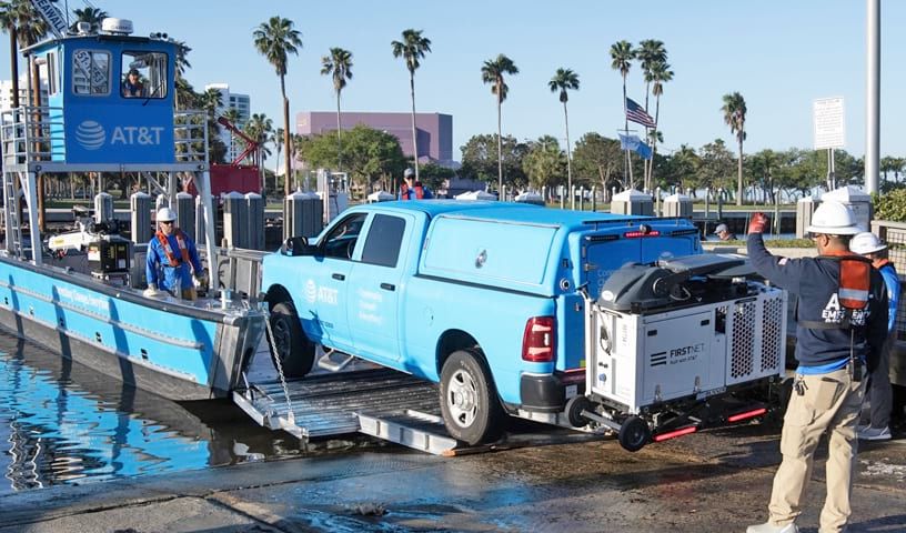 FirstNet CRD is being loaded on to new AT&T Landing Craft for transport, a maritime solution for public safety.